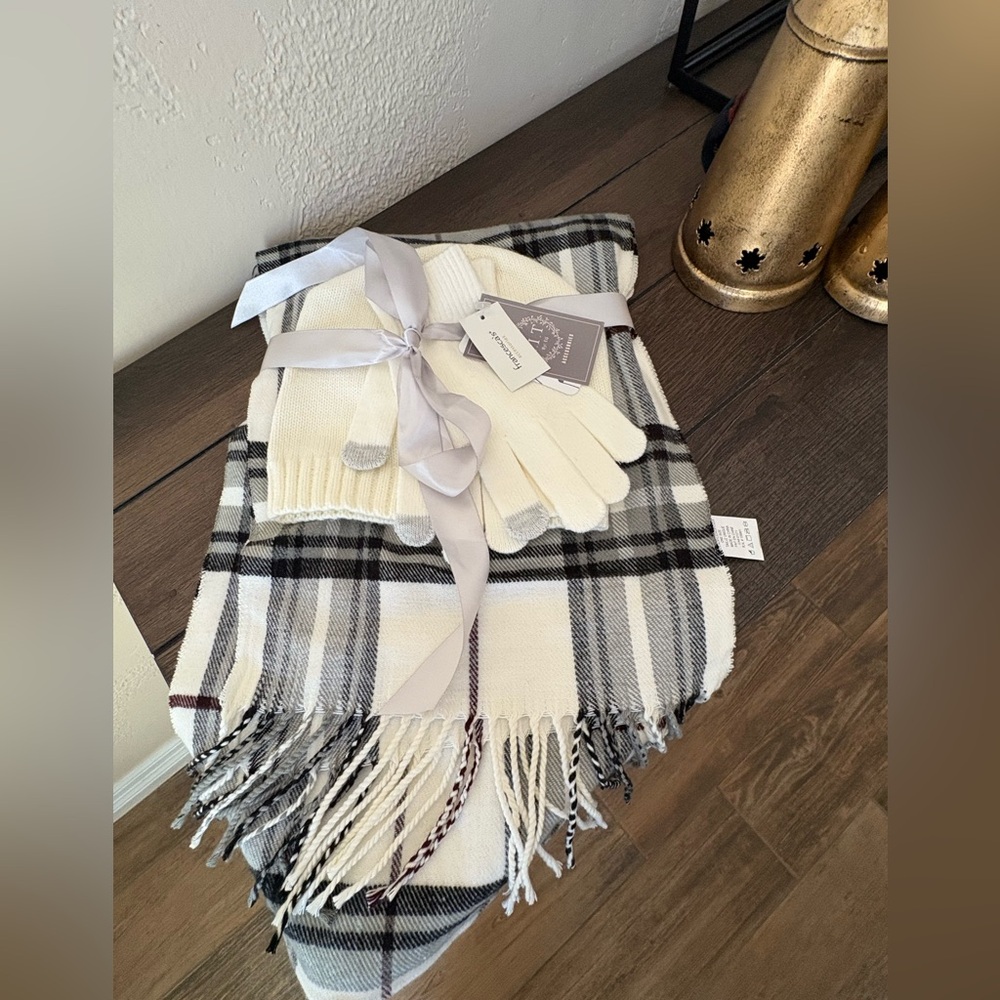 Francesca's Collections Black and Off White Plaid Scarf, gloves, and beanie set.